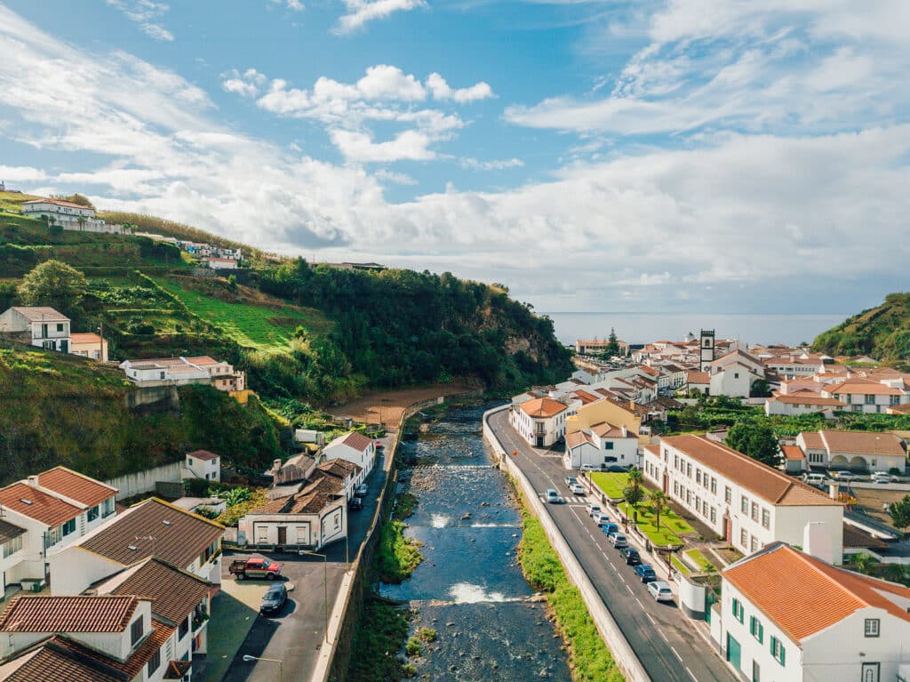 Aerial View On City Mosterios On Island Sao Miguel, The Azores.